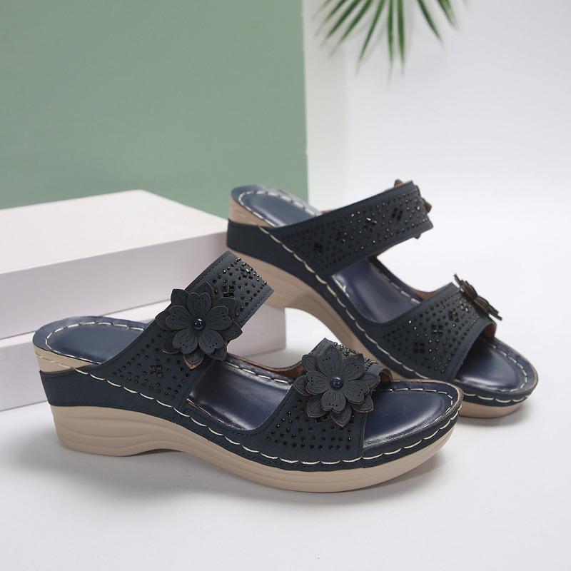 Large Size Summer New Retro Casual Flower High Heel One-character Women's Wedge Heel Slippers Shoes