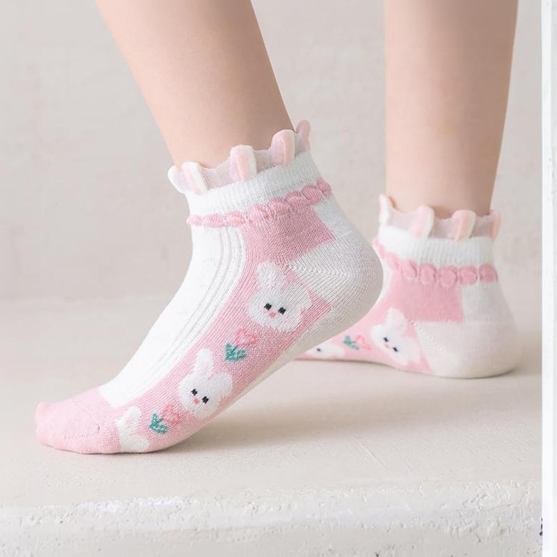Children's Mid-Calf Socks 5 Pairs Cute Rabbit Floral Design Lace Edge Soft Elastic Socks for Toddler Girls All Seasons