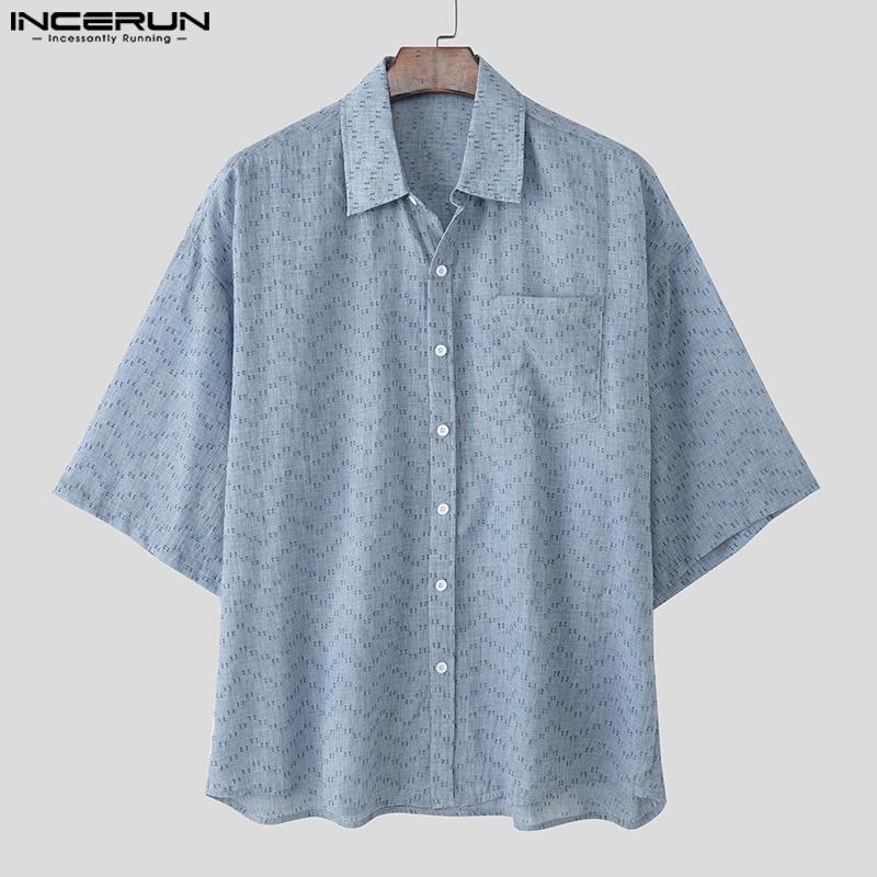 INCERUN Oversized Men Summer Lapel Neck Short Sleeve Buttons Print Casual Loose Shirts