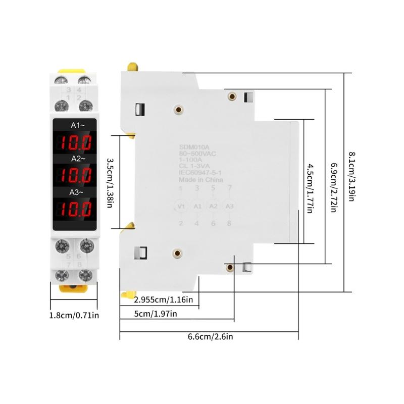 3 Phase Din Rail Voltmeter Ammeter, Digital Energy Meter with 3 Sensors,AC80‑500V 1‑100A Current Power Meter