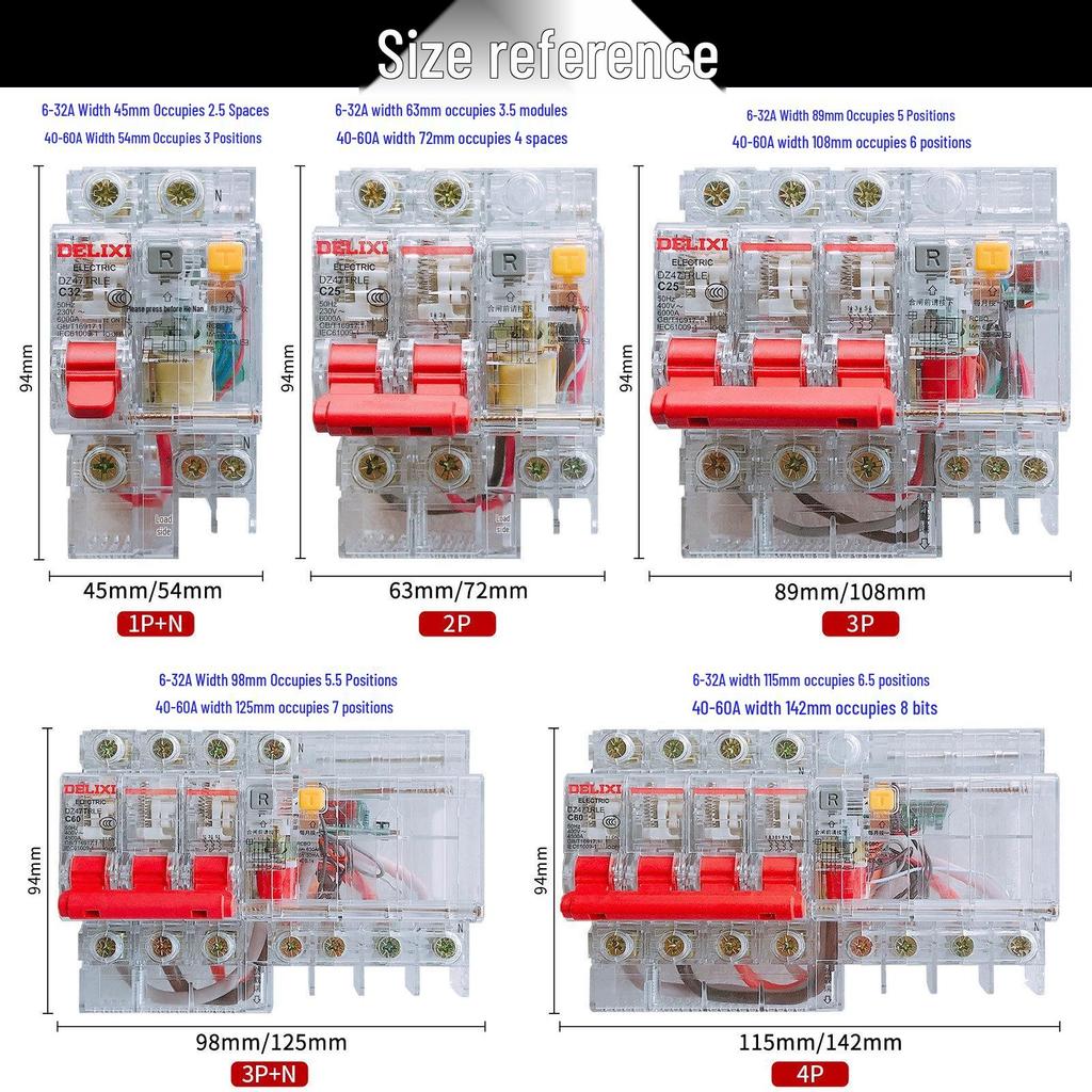 DELIXI Transparent Earth Leakage Circuit Breaker with RCD Switch, 1P+N/2P/3P/4P, 32A/63A Air Switch.
