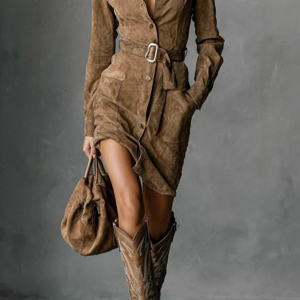 Women's Turn Down Collar Long Sleeve Shirt Dress High Waist Casual Mini Gown