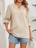 Women's Textured Split V-Neck Blouse with Roll-Up Long Sleeves and Curved Hem - Casual Loose Fit Tunic Top for Summer and Daily Wear.