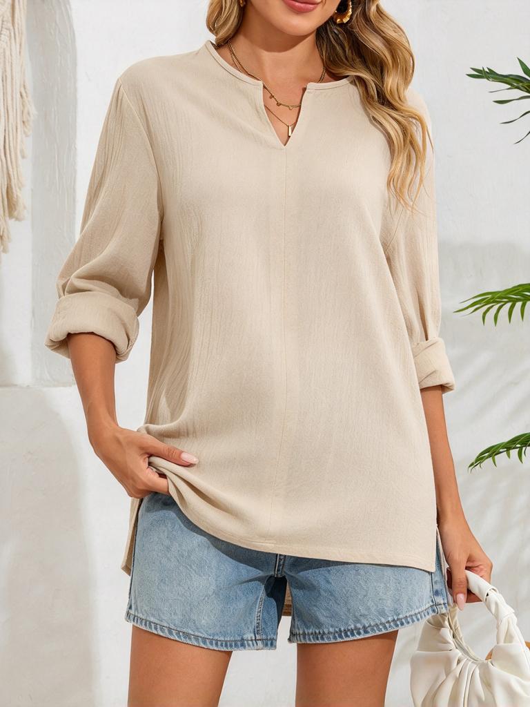 Women's Textured Split V-Neck Blouse with Roll-Up Long Sleeves and Curved Hem - Casual Loose Fit Tunic Top for Summer and Daily Wear.