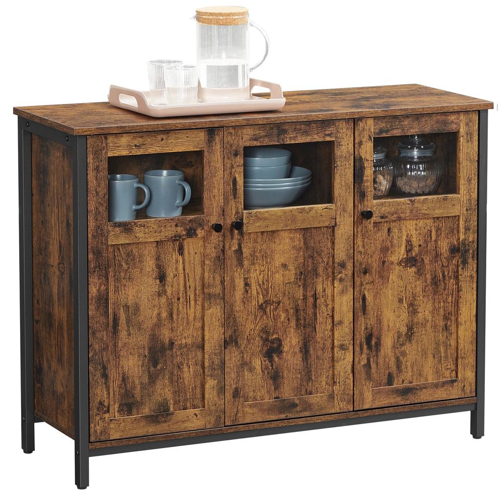 VASAGLE Sideboard, Buffet Table, Storage Cabinet with Glass Doors, Dining Room, Living Room, Hallway, Kitchen, Steel Frame, Industrial Style