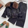 Girls' Autumn-Winter 2025 Denim Set: Fur Collar Jacket & Wide-Leg Pants with Velvet Lining