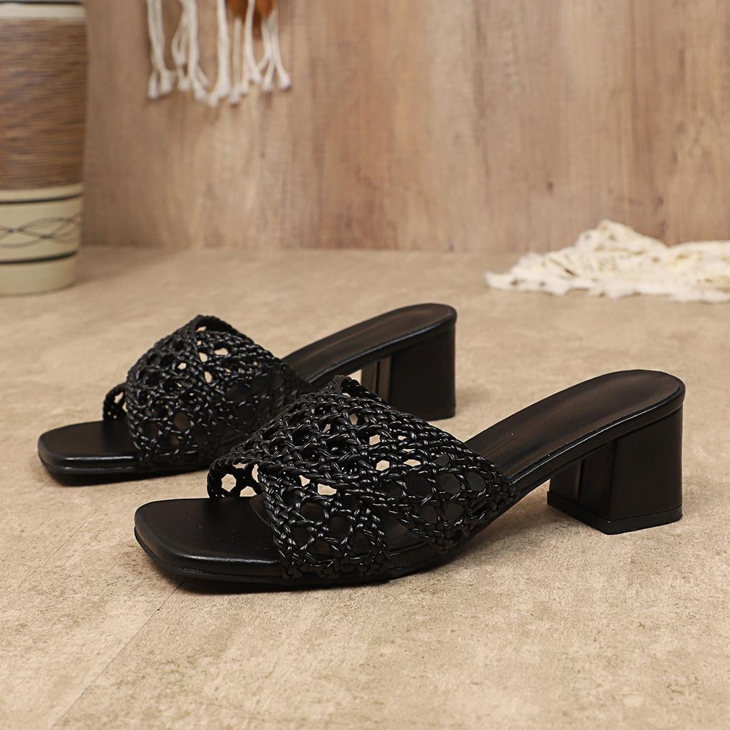 Women High Heels Slippers Shoes Square Toe Chunky Sandals Weave 2025 Designer Sexy Dress Party Slingback Pumps Zapatos