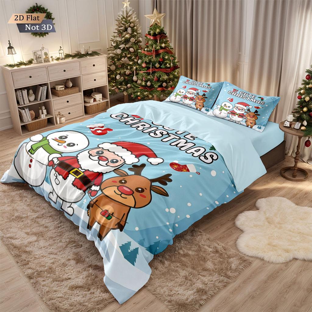 3pcs Merry Christmas Snowman Printed Coreless Bedding Set Dormitory Bedroom Multiple Sizes Holiday Decoration Machine Washable