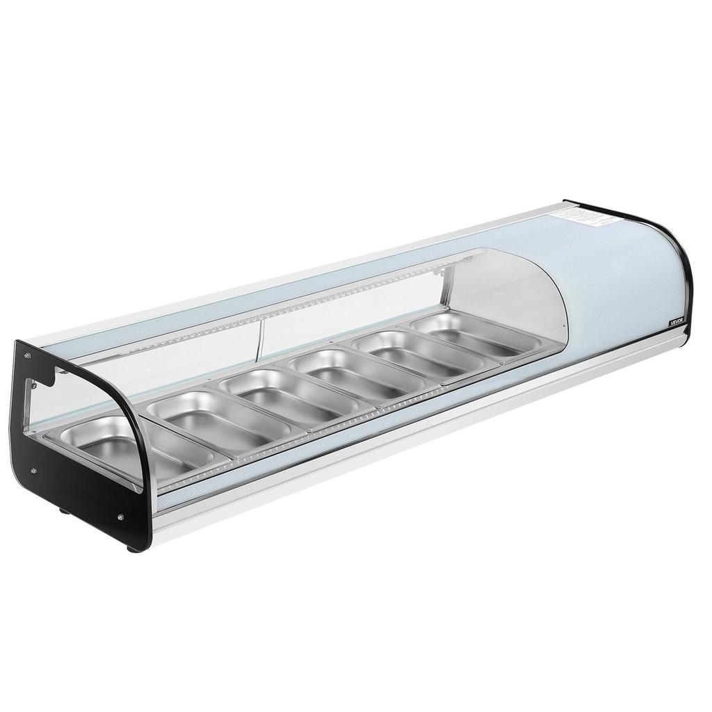 Sushi Display Case Refrigerator, 62L Commercial Sushi Case, 6-Pan Countertop Showcase with Curved Glass, LED Lighting, and Digital Temperature
