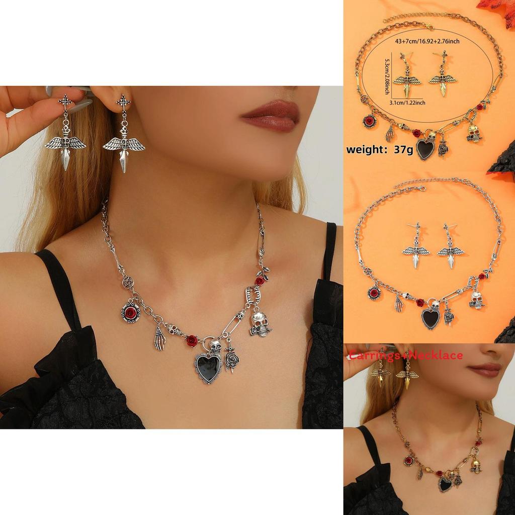 Halloween Skull Jewelry Set With Vampire Rose Pendant And Earrings For Men And Women