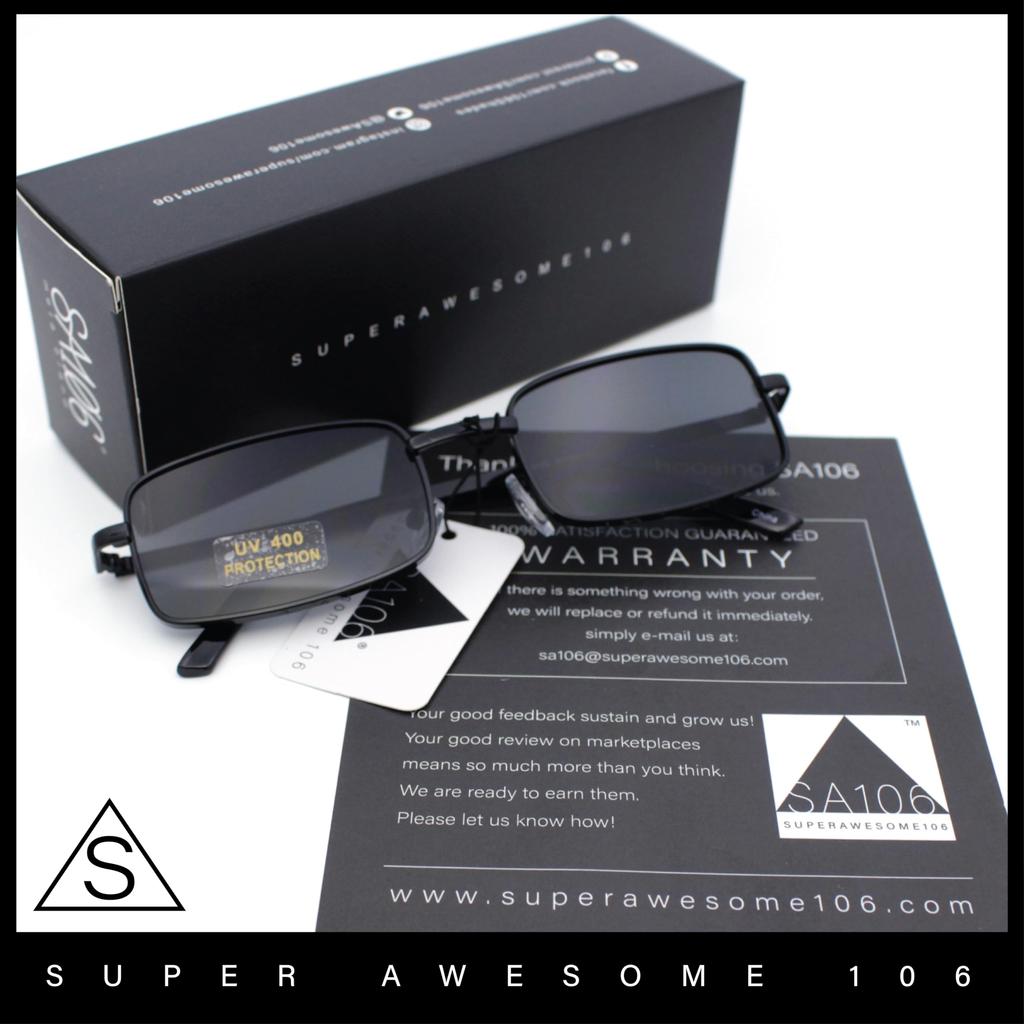 SA106 Men's Retro Vintage Narrow Rectangular Pongee Metal Sunglasses, All Black, 5 12" (140mm) x 1 14" (32mm)