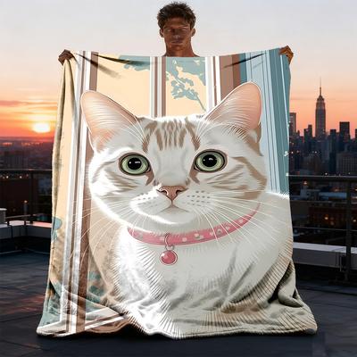 1pc Cat Print Outdoor Flannel Blanket Soft All Season Polyester Throw , Perfect for Picnics & Travel , Picnic Accessory