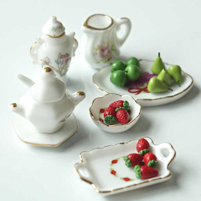 1 Set Doll House Decoration Mini Ceramic Tea Kit Simulation Kettle Plate Model Toy 1/12 Dollhouse Miniature Accessories