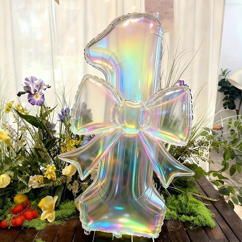 Large Iridescent Transparent Number-Shaped Foil Balloons with 24-Inch Iridescent Bow Decorations Suitable for Birthdays