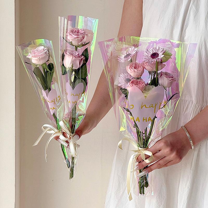 30PCS Love Heart Iridescent Single Rose Sleeves DIY Transparent Flower Wrapping Bag Floral Material Packaging Waterproof