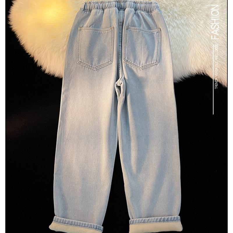 Fleece thickened straight women's jeans winter, new wide-leg cotton elastic waist autumn and winter pants
