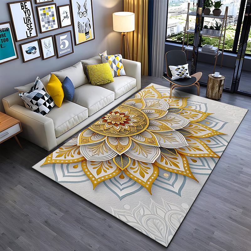 Area Rug, 3D Mandala Flower Gold White Paper Cut Art Print, Living Room Decor, Non-Slip Mat