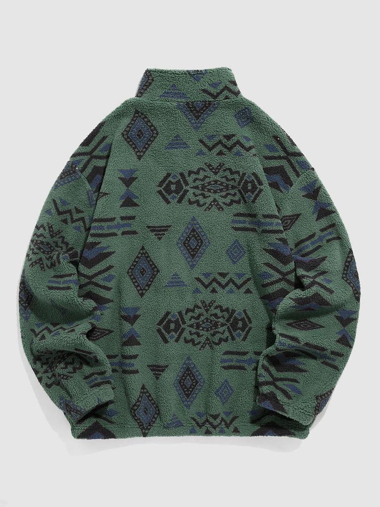 Europese Maat Koreaanse Chic Winter Retro Etnisch Geometrisch Print Casual Lange Mouw Rits Top