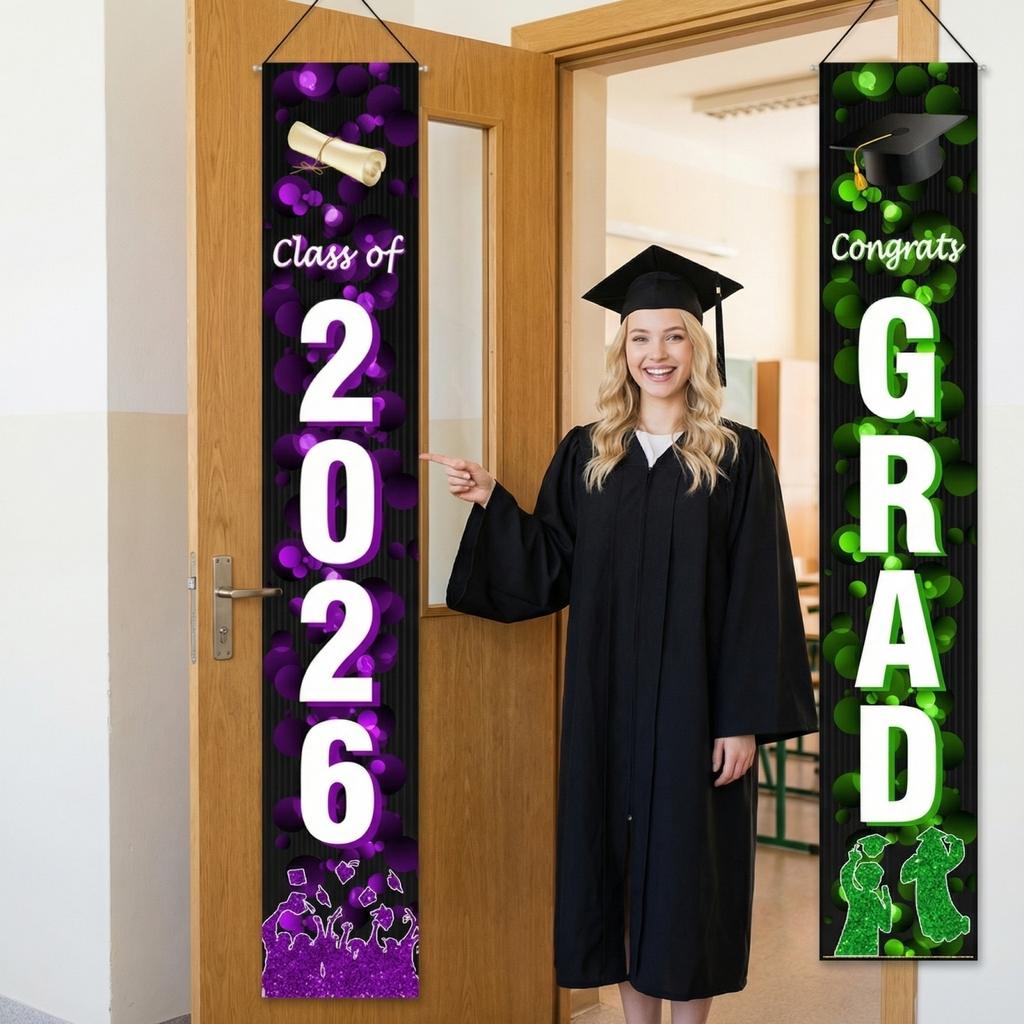 Graduation Banner Set Class of 2026 Vertical Hanging Sign Congrats Grad Letter Print for Graduation Party Decorations Supplies