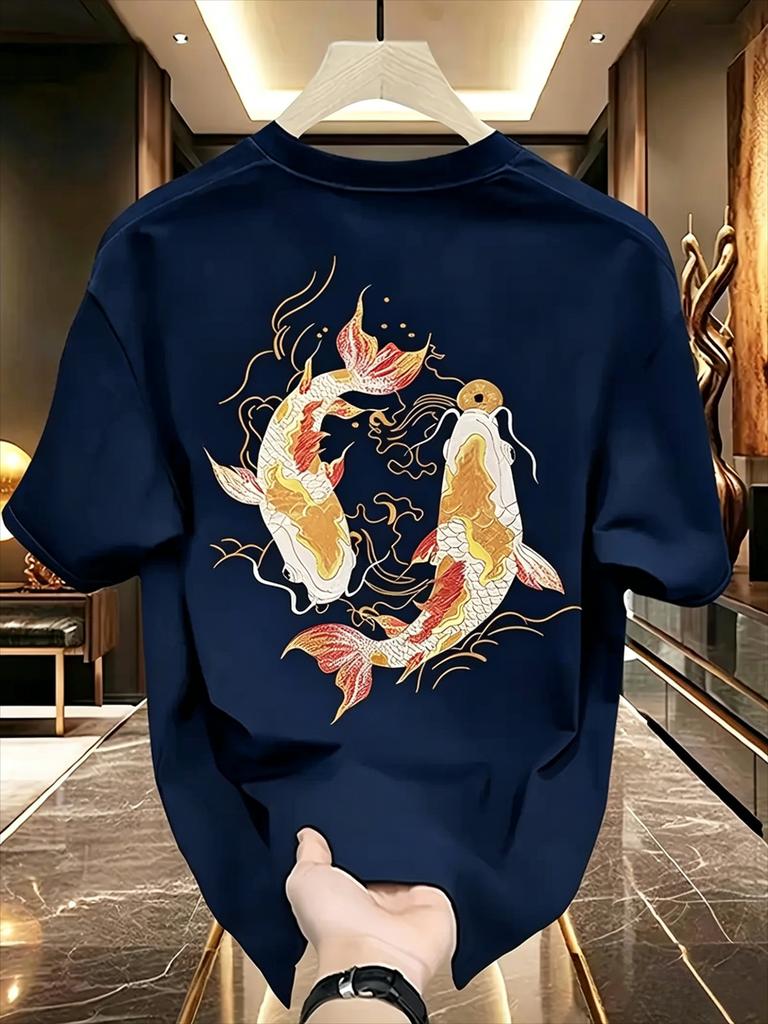 100 Cotton Unisexs TShirt With Golden And Black Koi Fish Print Summer RoundNeck ShortSleeved Casual Unisexs Fashionable Top
