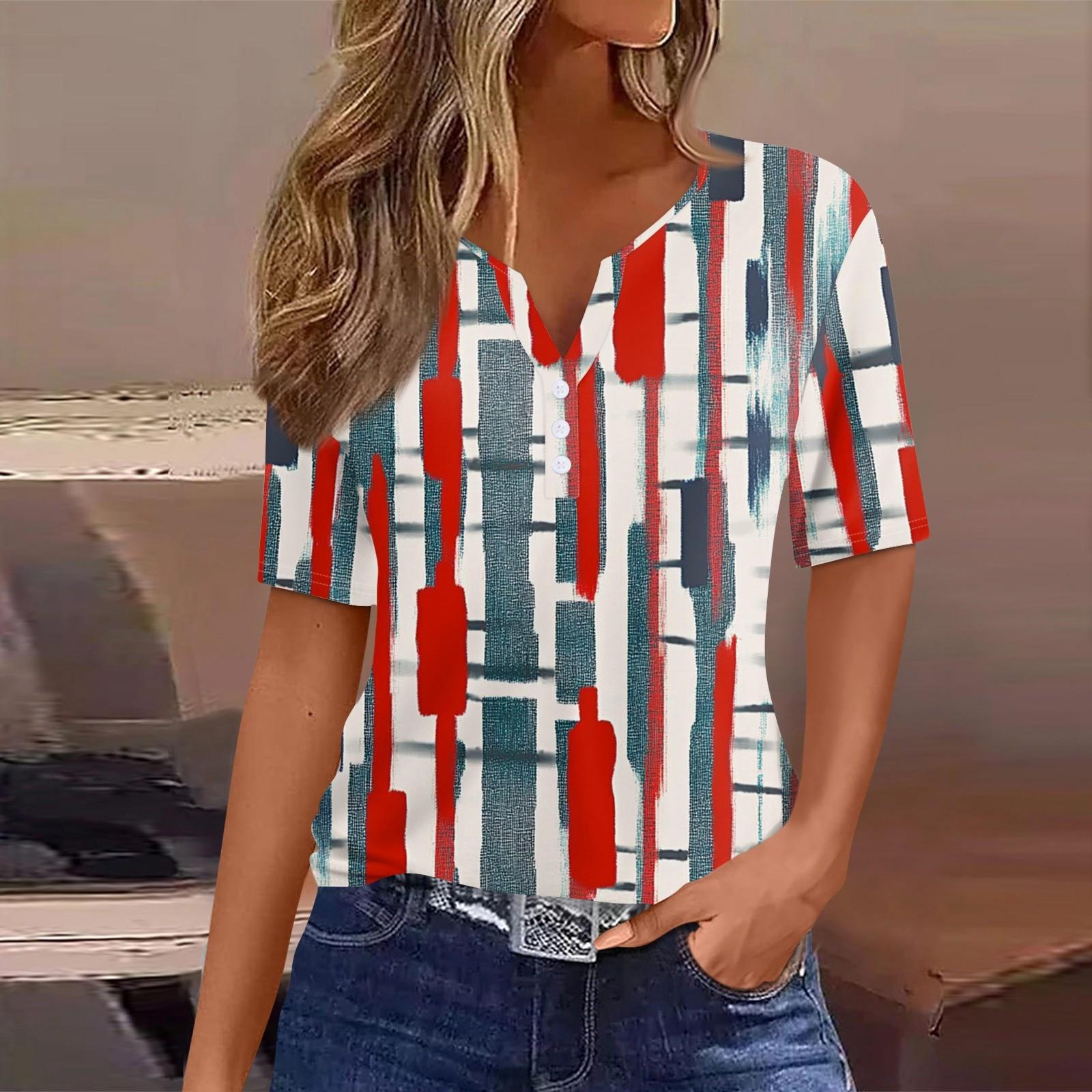

Женская футболка с принтом на пуговицах, короткий рукав, туника, повседневная, выходного дня, модная, базовая, с V-образным вырезом, стандартный топ XL красный