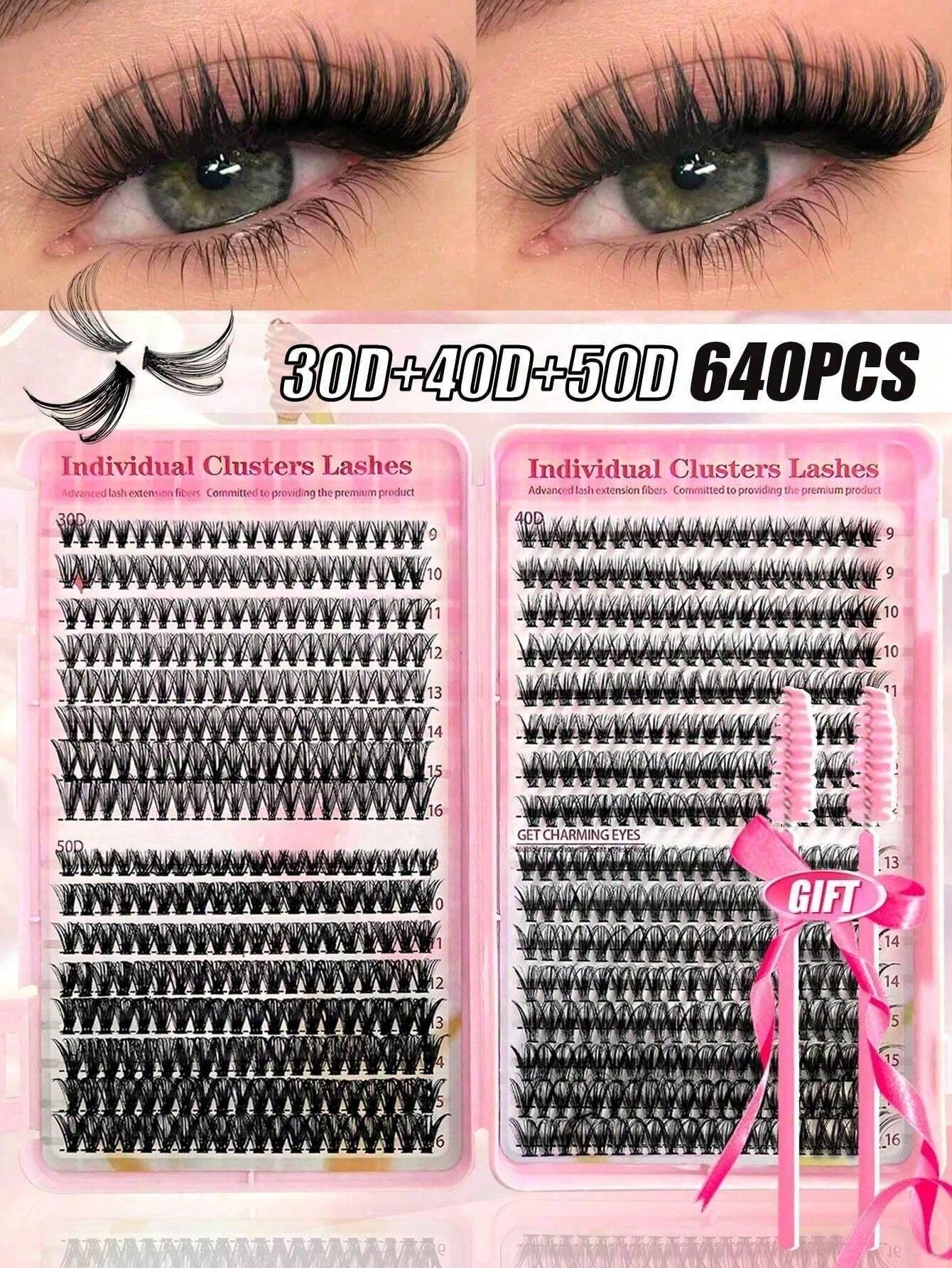 

640Pcs Lash Clusters Kit 30D+40D+50D D Curl 9-16mm, DIY Eyelash Extension Kit With Lash Brushes, Natural&Thick Wispy United States