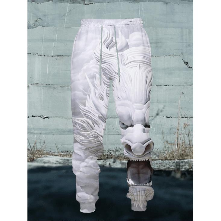 Embossed White Dragon 3D Printed Hoodie Set, Chinese Style Digital Printed Casual Sports 2pcs Set, Loose Unisex Style