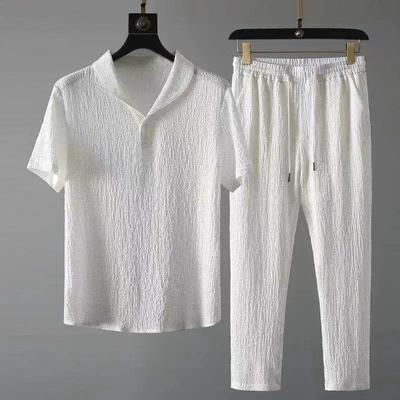 Moda Estiva Trendy Set da Uomo in Cotone Lino 2 Pezzi Tuta Sportiva Casual Collo Sciallato T-Shirt Bianca a Maniche Corte