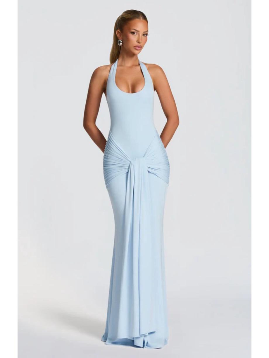 Women s 2025 European & American Style Halter Spliced Strappy Long Slim Fit Dress XL светло-синий
