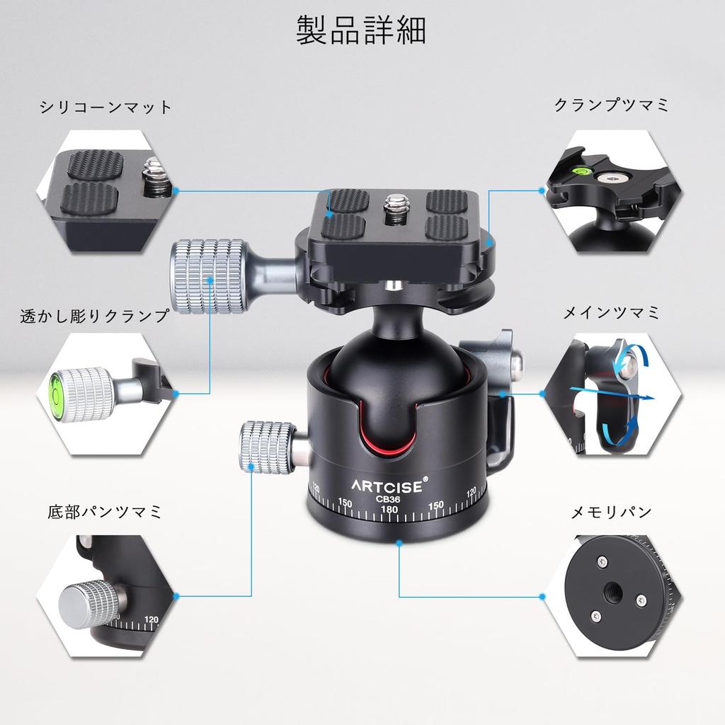 ARTCISE 36mm Ball Machined Panoramic Quick Shoe Tripod Head for and Maximum Weight 20kg Low-Center-of-Gravity Head, CNC-Machine Aluminum, 360°