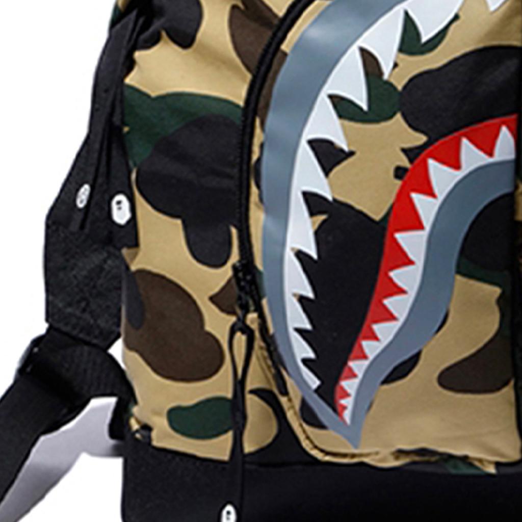 A Bathing Ape Bape Camouflage Shark Print Zipper Color Block Multi-Pocket Nylon Backpack Unisex Backpack Camouflage-Yellow 182038D