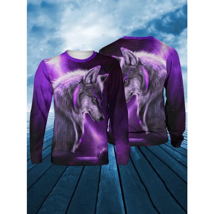 T Shirt for Mens Wolf Pattern Print Long Sleeve Leisure 3D Polyester Man's T-shirts