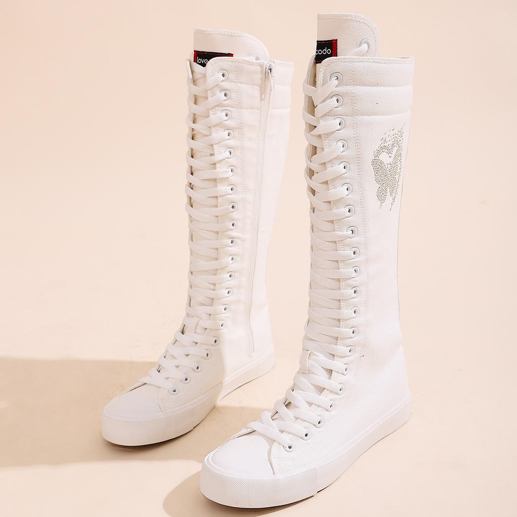 Women's long ankle boots, girls' fashionable and comfortable high-calf canvas boots, suitable for attending parties and daily outings