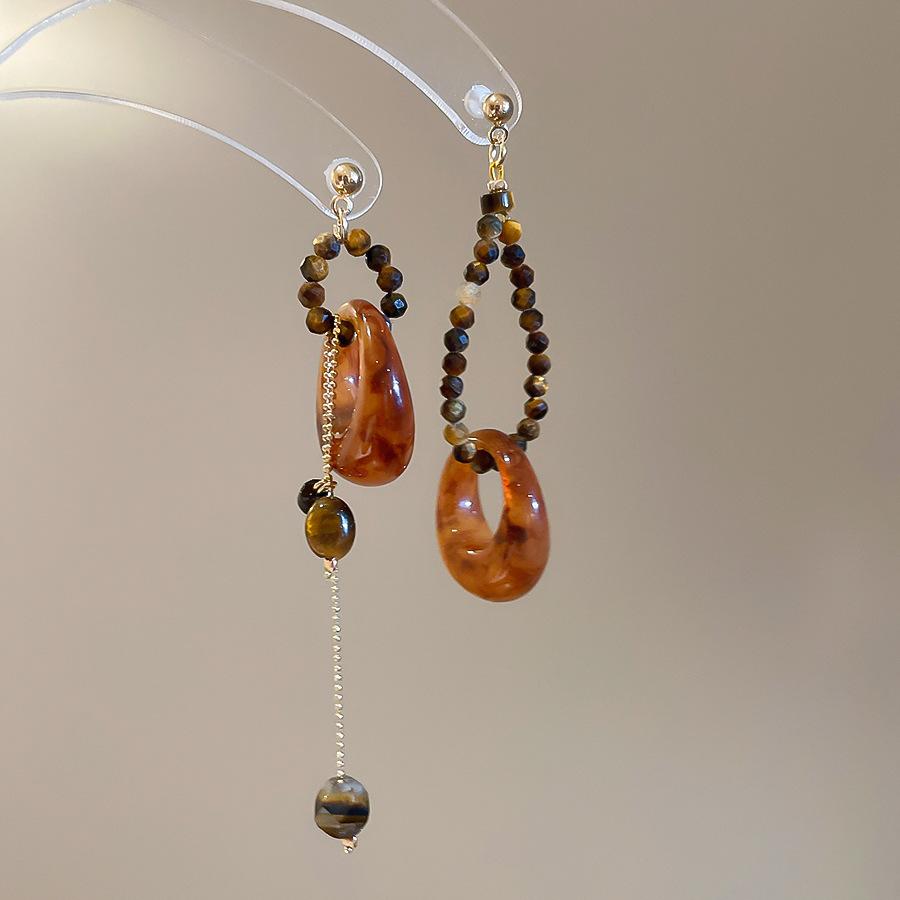 Серьги-подвески из смолы с камнем Тигровый глаз, круглые асимметричные, в стиле ретро, с темпераментом, серьги класса люкс для женщин