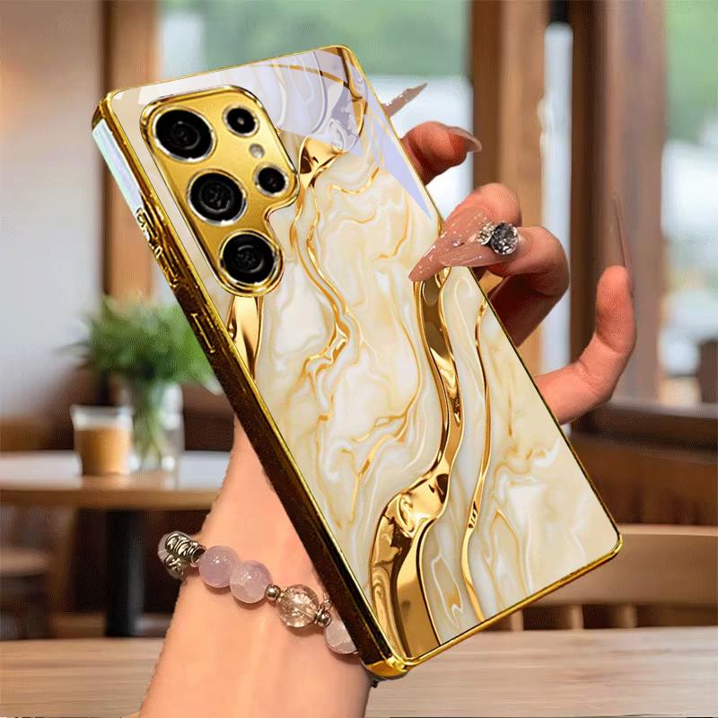 Gold Agate Texture Electroplated Golden Phone Case For Samsung Galaxy S25 S24 S26 S23 S22 S21 S20 Ultra Plus FE S26 Glass Cover