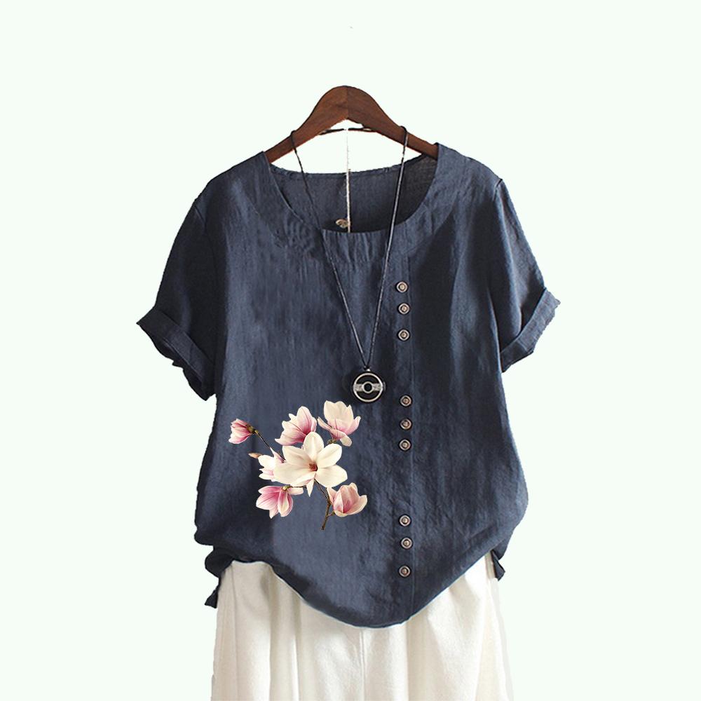 Women Fashion Floral Print T-shirt Summer&fall Casual Round Collar Short Sleeve Top Pullover Loose Cotton Linen Blouses