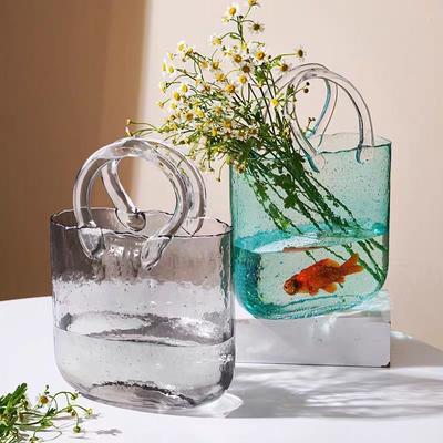 Trendige Glas-Handtaschen-Vase, Kreative Blasen-Fischglas-Blumenvase für Tischplatte, Hydroponische & Dekorative Blumen