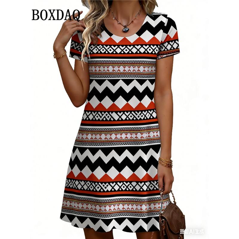 Elegant Fashion Short Sleeve Dress Summer Women's Ethnic Style Geometry 3D Print A-Line Dress For Women Casual Clothing