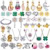 925 Silver Charm Four Leaf Clover Tulip Flower Pendant Bead Earrings Necklace Fit Birthday Set Jewelry Gifts