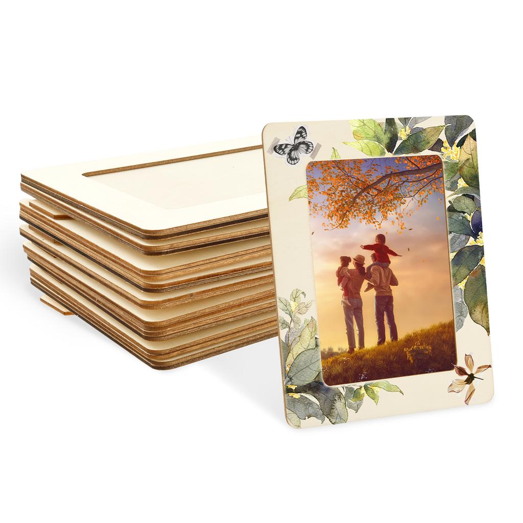10Pcs Unfinished Wooden Frames Wavy/Rectangle Photo Holder DIY Painting Crafts Photo Display Stand Home Office Desktop Decor