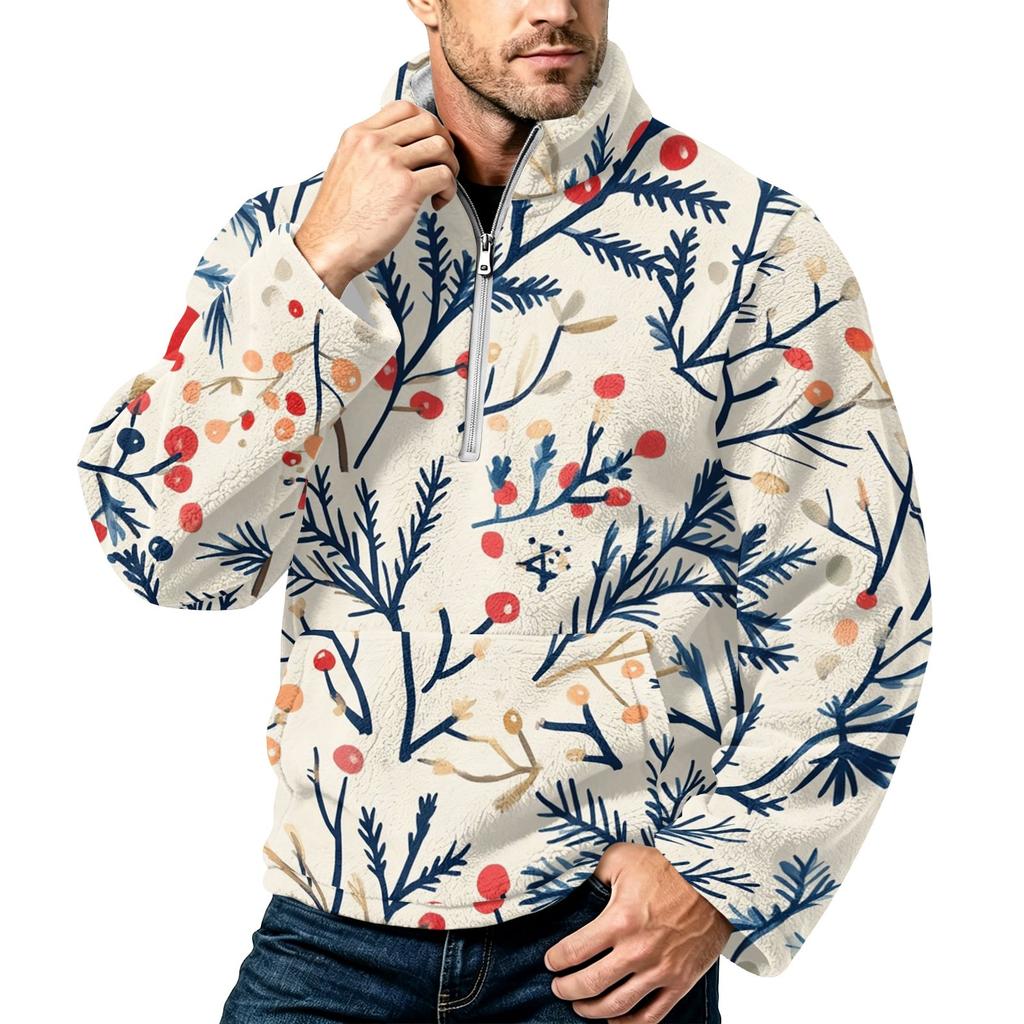 Men's Christmas Print Zip-Up Sweatshirt with Stand Collar, Plus Size Flannel Top for Fall Winter