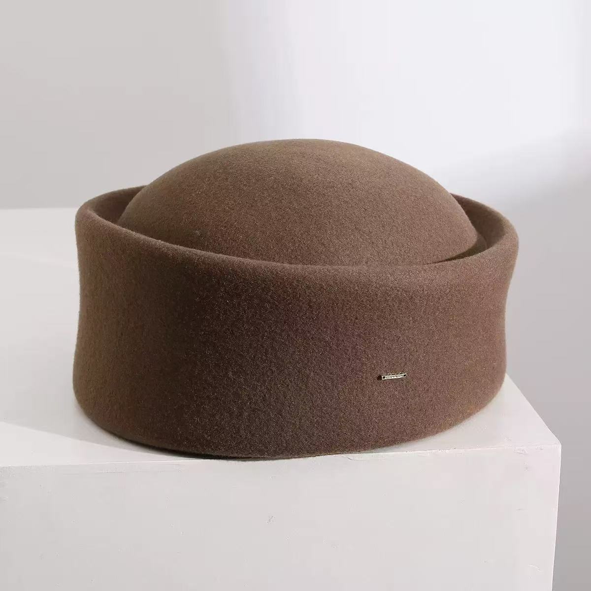 

Luxury Vintage 100% Wool Pillbox Hats Women Fashion Wool Felt Berets Hard Top Fedoras Hats Fascinator Hepburn Style Wedding Cap 56-58cm коричневый