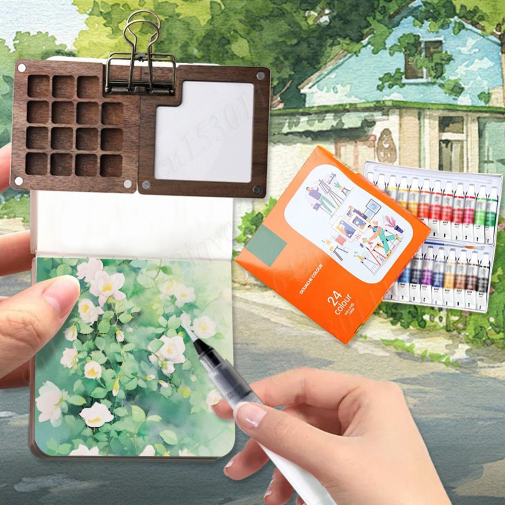 Portable Watercolor Set Travel Paint Palette Mini Watercolor Palette Set with Clip Wooden Grid Paint Box Outing Art Supplies