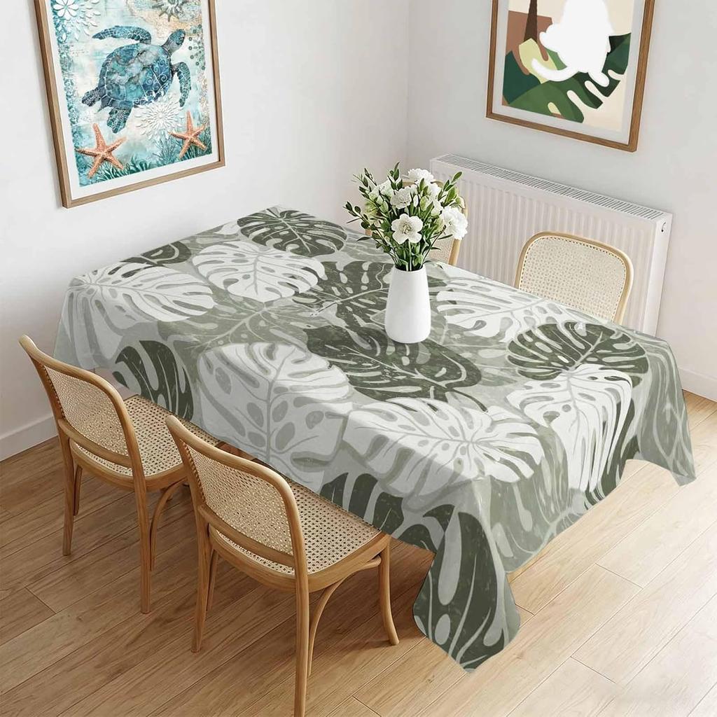 Green Monstera Summer Tablecloth Waterproof Rectangle Abstract Country Botanical Printed Tables Cover for Kitchen Wedding Party