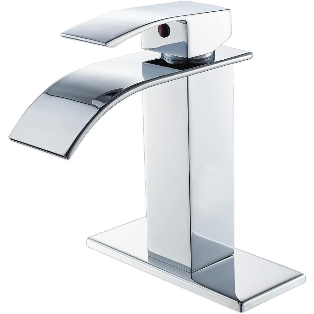 Chrome-plated bathroom faucet, modern single-handle waterfall sink faucet, suitable for 1-hole or 3-hole installation, with base.