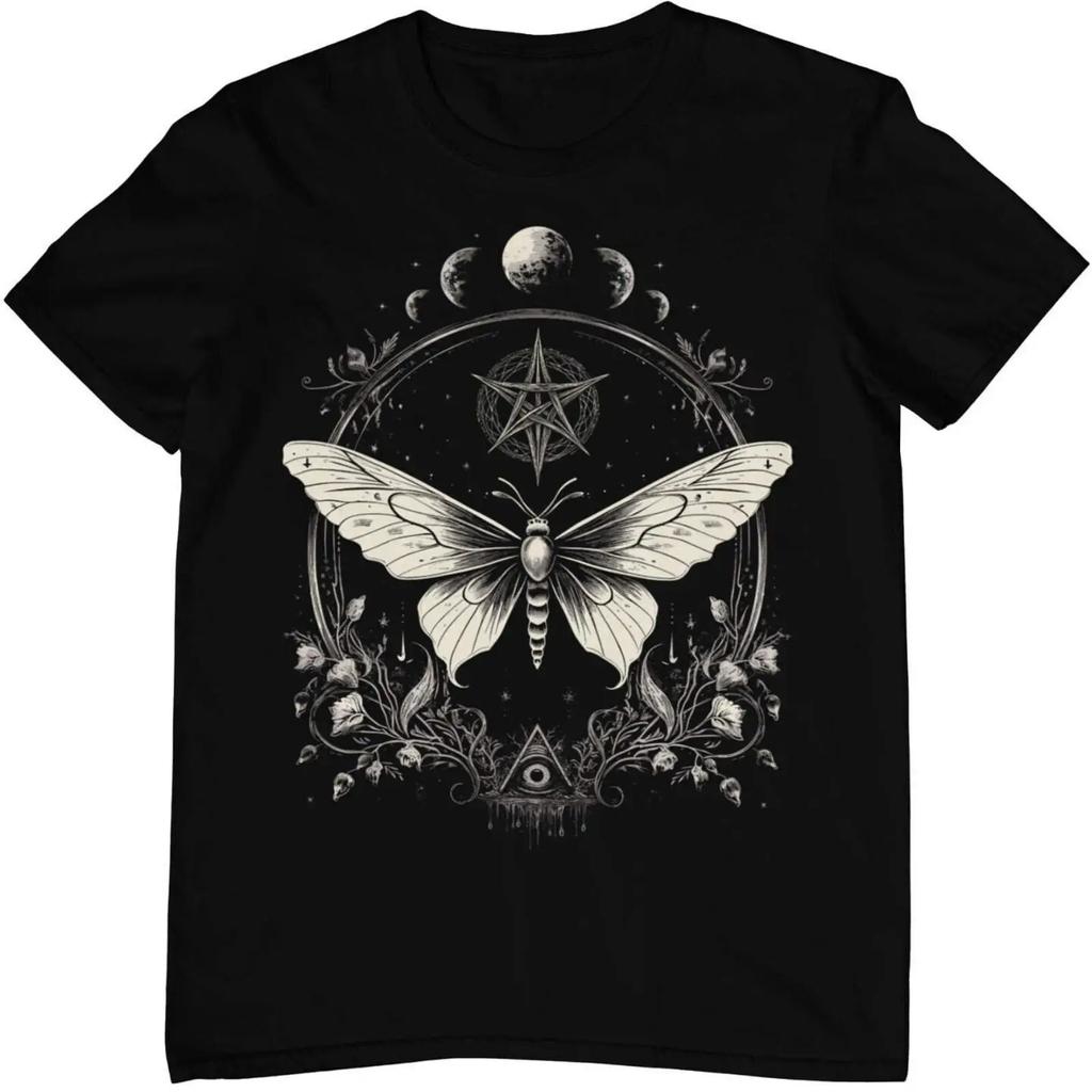 Gothic Moth T Shirt Pentagram Moon Phases Third Eye Esoteric Wicca Pagan Grunge Vintage Streetwear Stretched Fashion