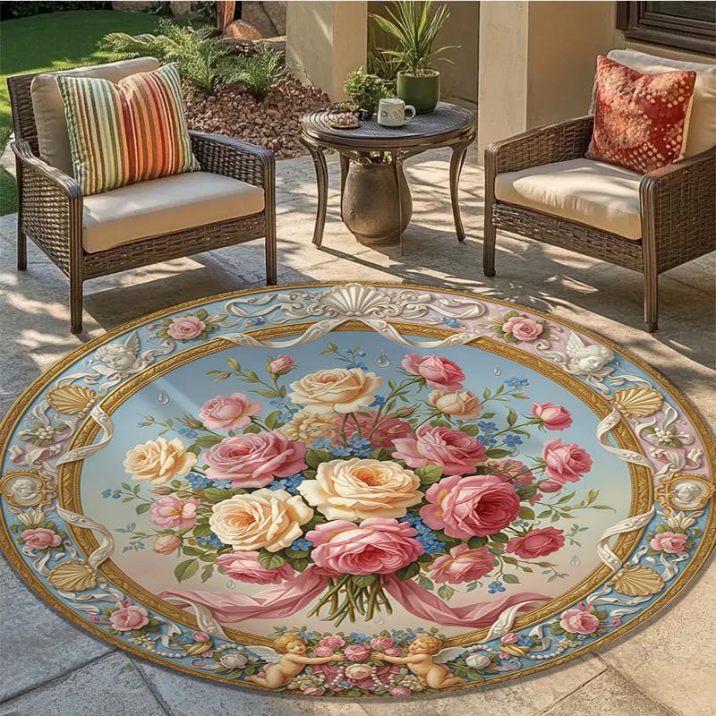 Vintage Rose Runder Teppich, Teppich für Wohnzimmer Schlafzimmer Sofa Spielzimmer Dekor, Rutschfeste Bodenmatte109