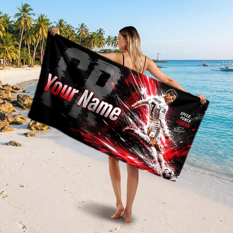 Cristiano Ronaldo Custom Beach Towel, Personalized Name Text Print, Football Logo Soft Quick‑Dry Towel Holiday Gift