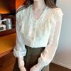 Casual Tops Dame Vintage Süße Rüschen Spitze Hemd Frauen Mode Slim Fit Langarm Bluse Frau Elegante Lose V-ausschnitt Shirts weibliche 24228