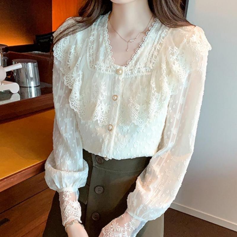 Casual Tops Dame Vintage Süße Rüschen Spitze Hemd Frauen Mode Slim Fit Langarm Bluse Frau Elegante Lose V-ausschnitt Shirts weibliche 24228